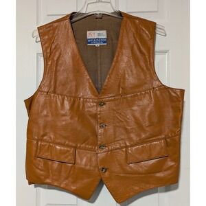 Vtg Wellington Leather Vest Mens 46 Camel Brown Button Front Pockets Made in USA